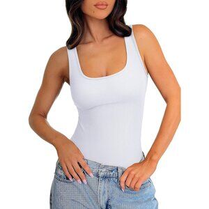 Women's White Bodysuit Sleeveless Scoop Neck Sexy Slimming Tank Fashion Tops